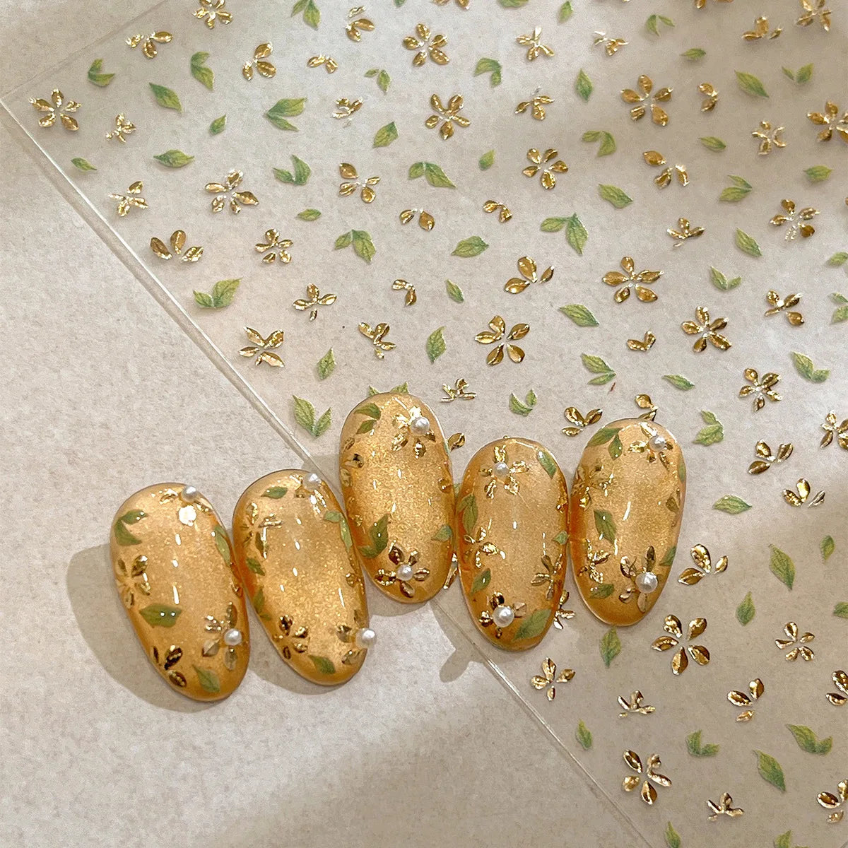 5D Golden Green Leaf Flower Nail Art Stickers | Adhesive Decals Nail Art Stickers QXL