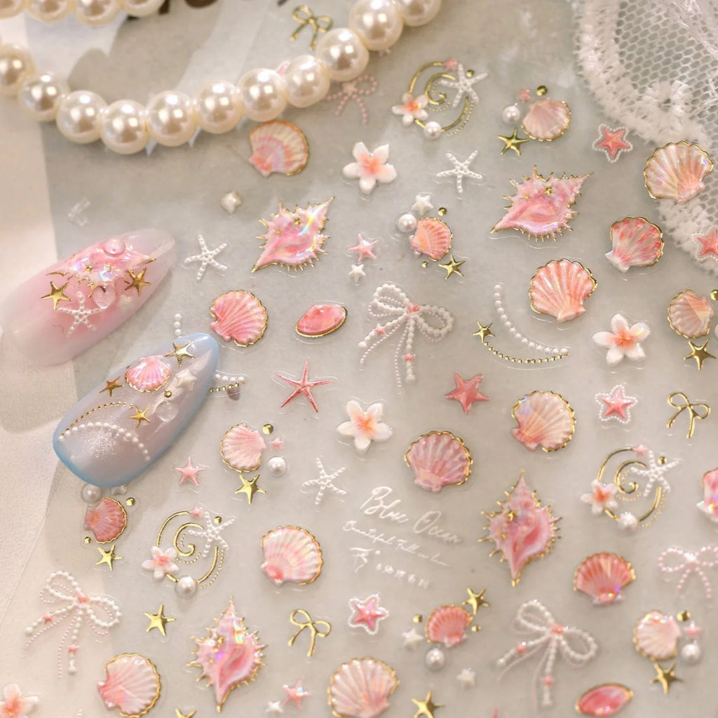 Fresh Ocean 5D Nail Stickers – Shell Starfish Pearl Decals Nail Art Stickers QXL