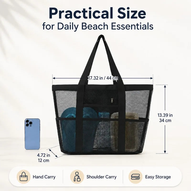 Large Mesh Beach Bag Tote – 8 Pockets, Quick-Dry Pool Organizer Mesh Beach Tote QXL