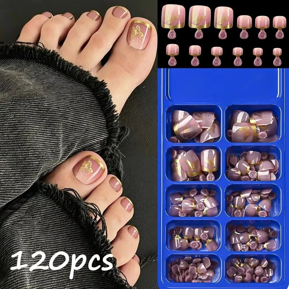 120-Pc Nude Pink Butterfly Press-On Toe Nails | Short Square Press-On Toe Nails QXL