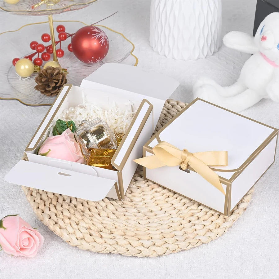 20-Pack Gift Boxes with Lids | Gold Trim & Ribbon 4.5"×4.5" Gift Boxes QXL