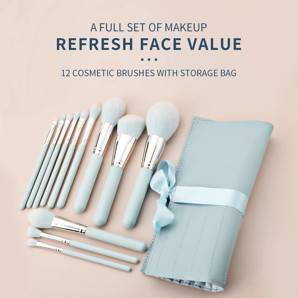 12-Pc Light Blue Makeup Brush Set + Bag | Ronshadow Makeup Brush Set QXL
