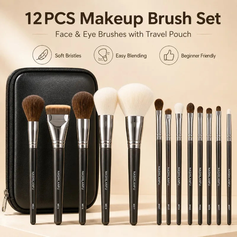 14-Piece Makeup Brush Set with Travel Pouch | Face & Eye Makeup Brush Set QXL