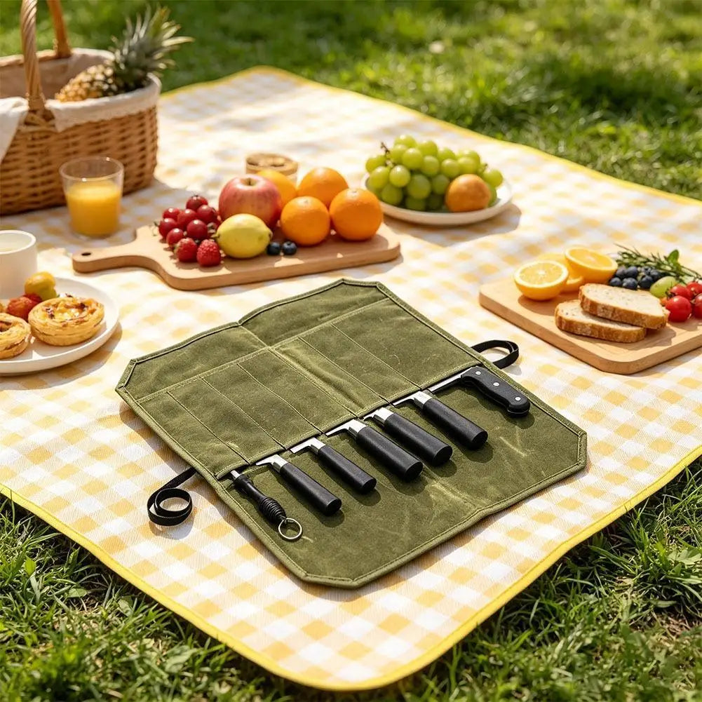 7-Slot Wax Canvas Knife Roll Bag | Chef & Camping Organizer Knife Roll Bag QXL