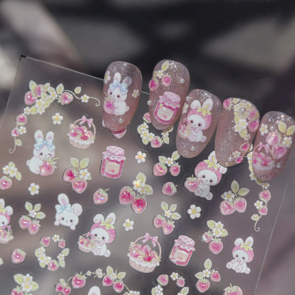 Pink Rabbit Strawberry 5D Nail Stickers | Cute Bunny Decals Nail Art Stickers QXL