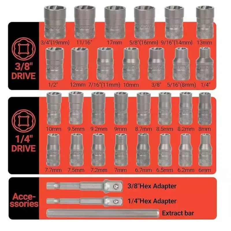 32-Pc Broken Bolt Extractor Set | Stripped Screw Nut Remover Bolt Extractor Set QXL
