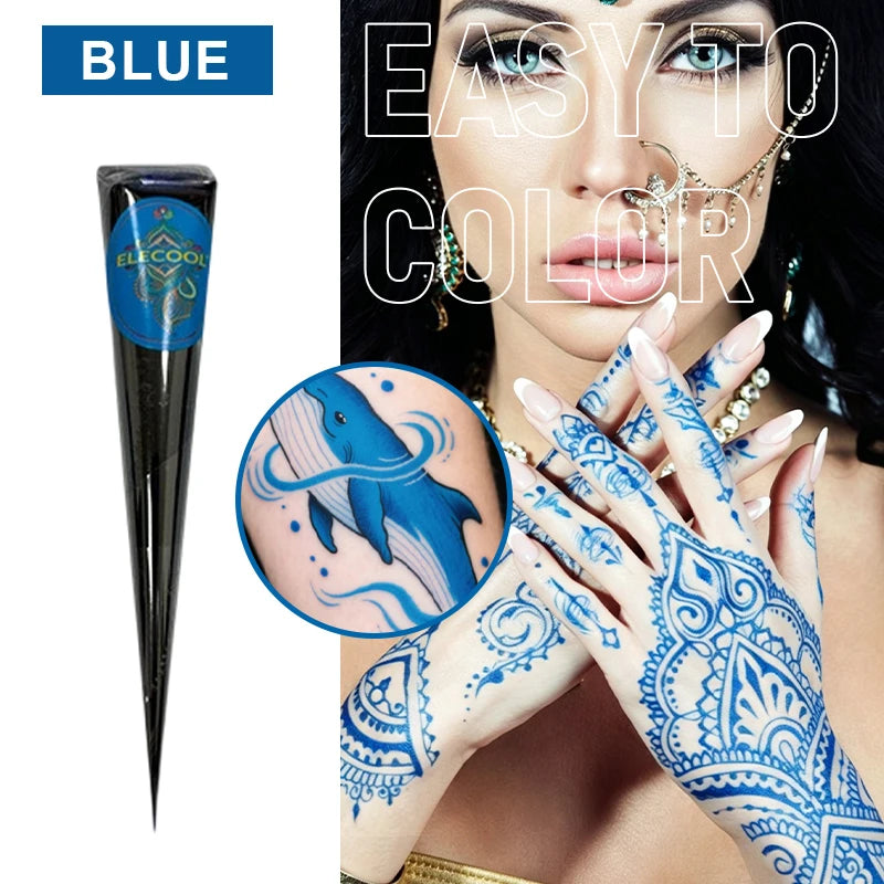 Natural Henna Tattoo Cone | Waterproof Semi-Permanent Body Art Henna Tattoo Cone QXL Blue