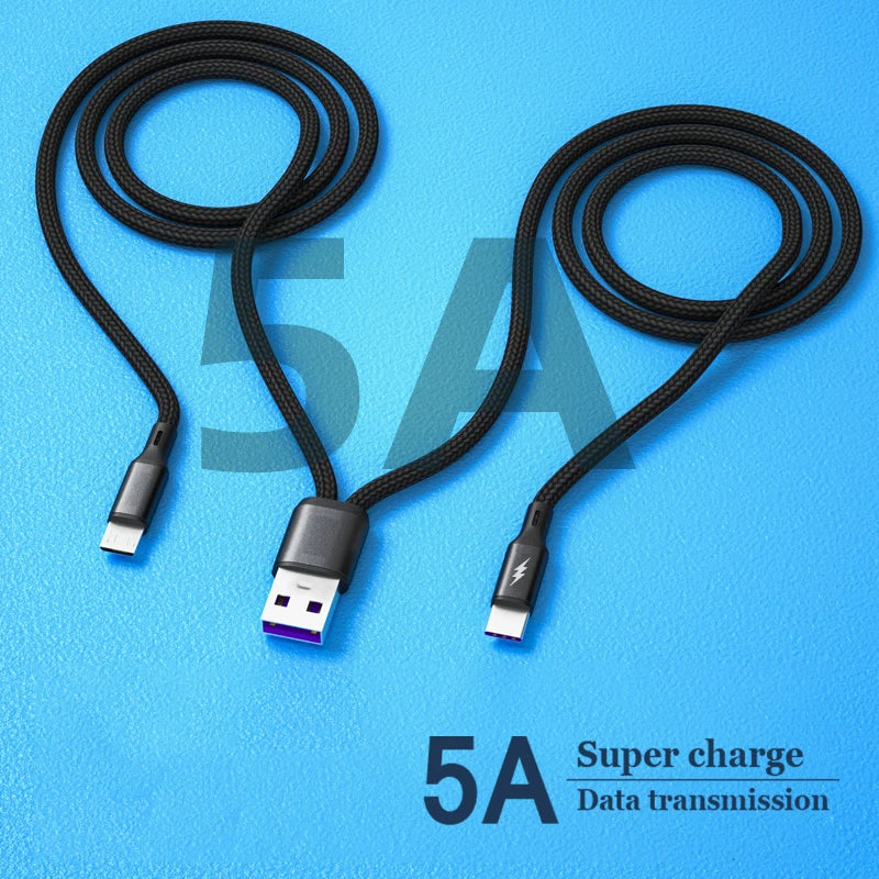 2-in-1 USB-C Micro USB Y Splitter Cable 5A Fast Charging 1m USB Charging Cable QXL