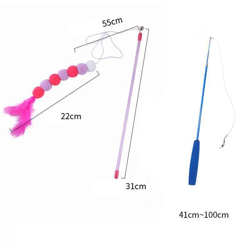10-Style Cat Feather Wand Toy Set | Telescopic Fishing Rod Cat Feather Wand Toy QXL