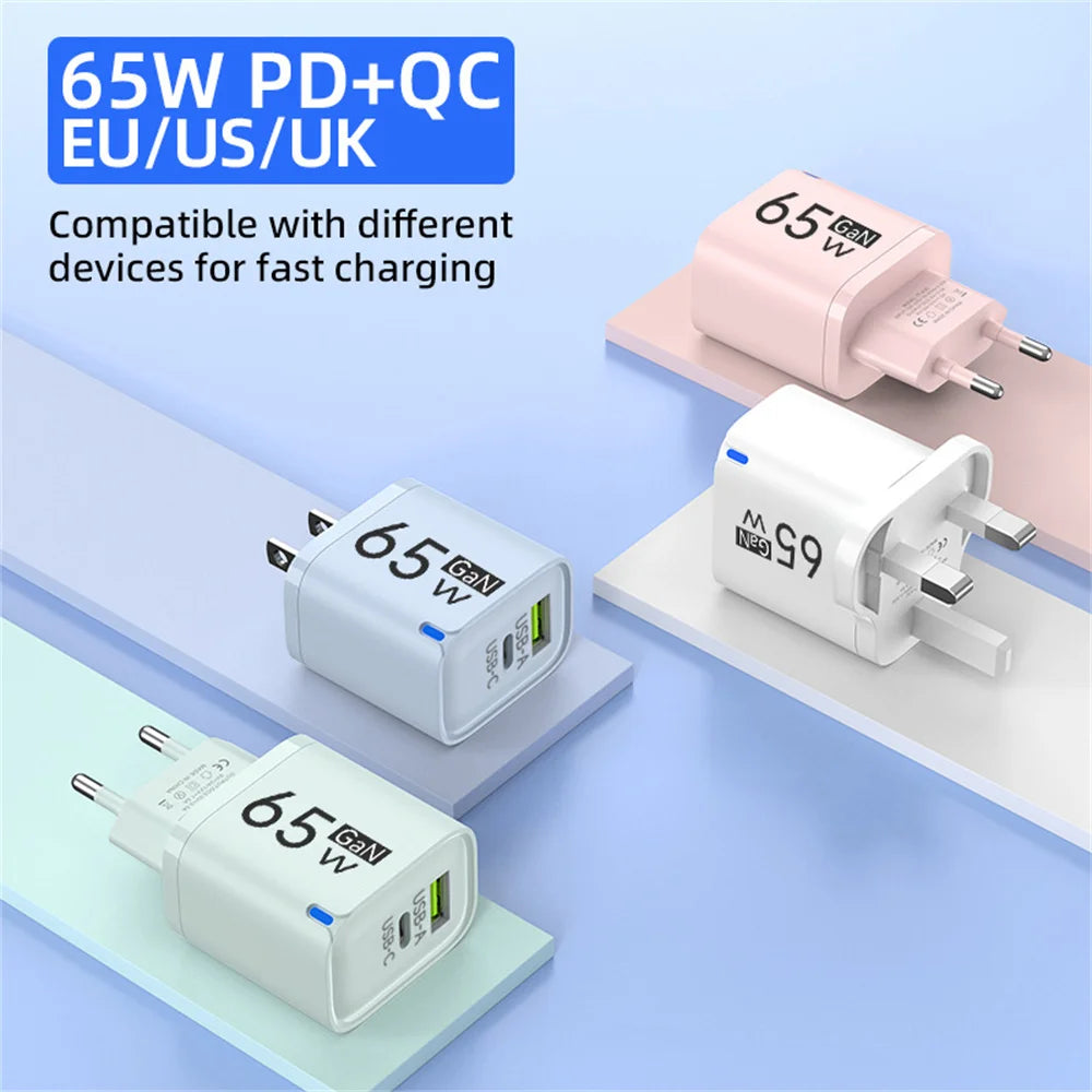 65W GaN Fast Charger USB-C PD QC 3.0 Dual Port Wall Adapter GaN Wall Charger QXL