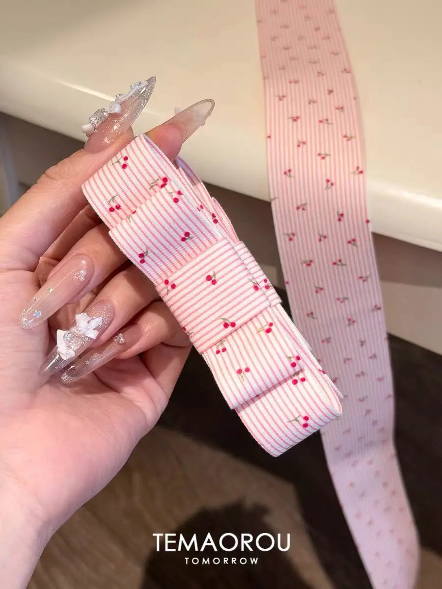 Cherry Print Bow Banana Clip | Pink Striped Ponytail Clip Hair Banana Clip QXL