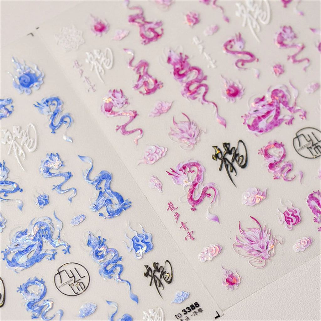 5D Chinese Dragon Nail Stickers | Pink Blue Glitter Decals Nail Art Stickers QXL