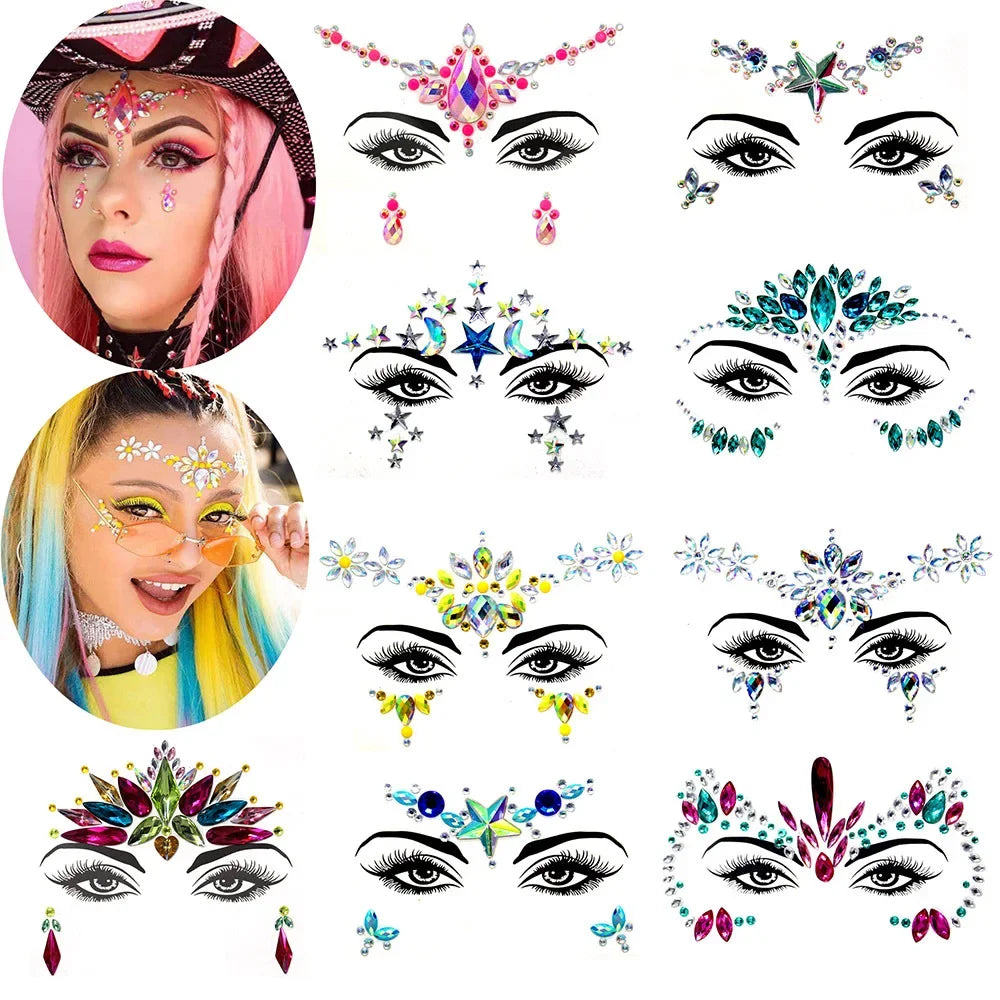 3D Face Jewels Rhinestone Temporary Tattoo Stickers | Party Gems Face Gem Stickers QXL