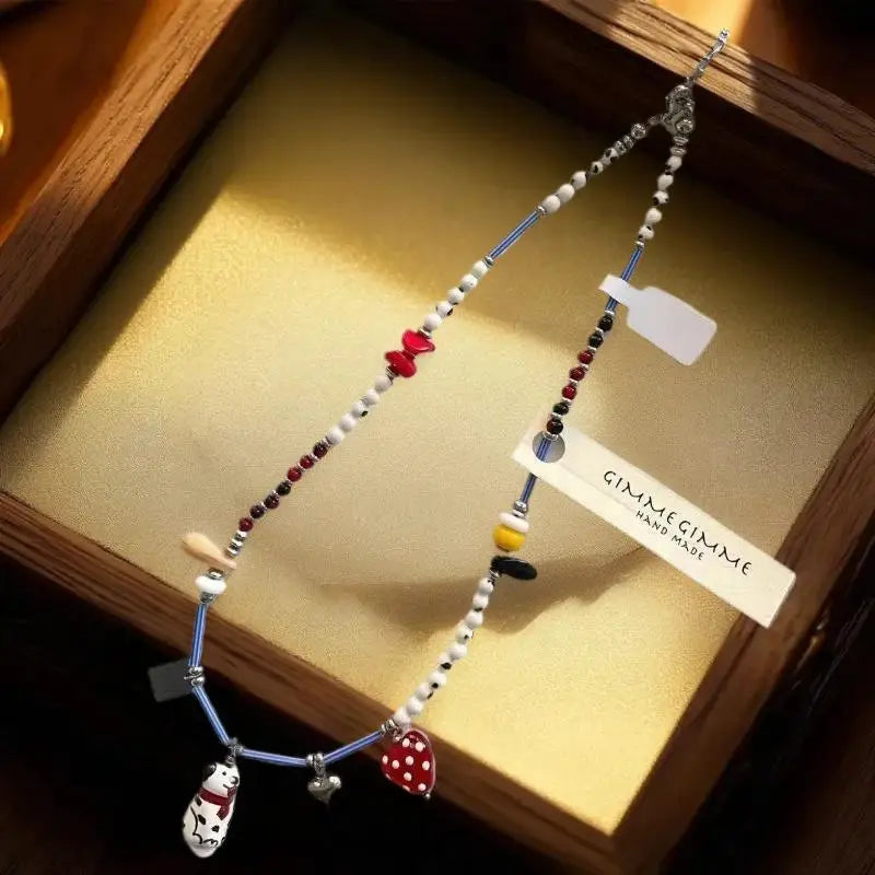 Beaded Dalmatian Puppy Pendant Necklace | Black & White Women Pendant Necklace QXL