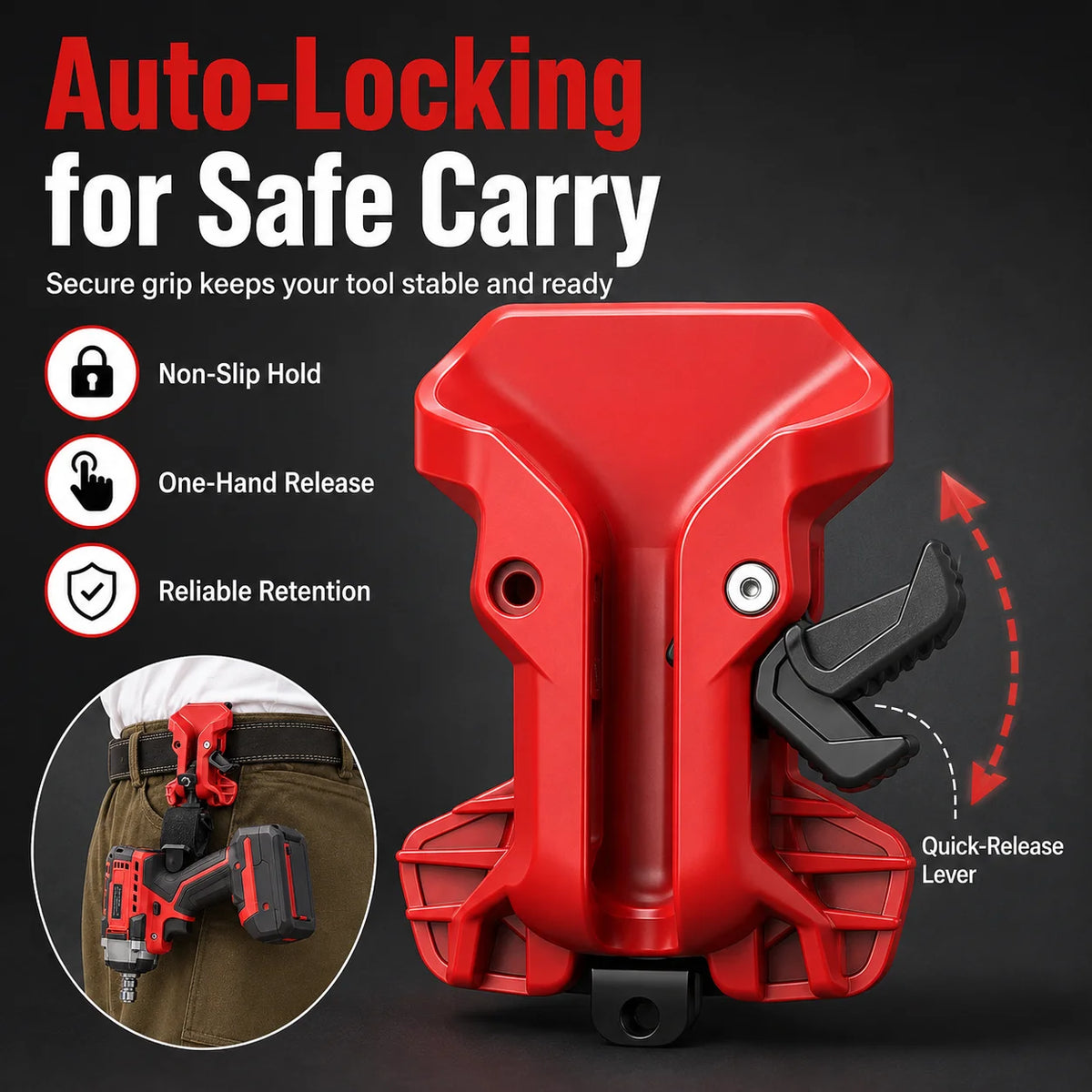 Self-Locking Drill Holder Belt Clip | Quick-Release Tool Hook Drill Belt Holster QXL