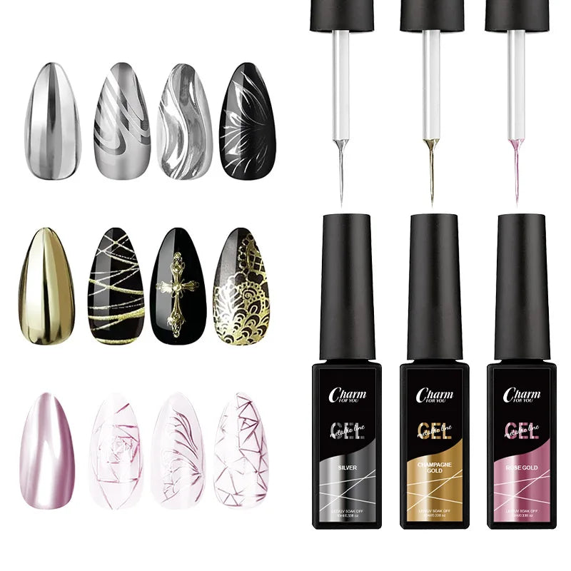 Metallic Liner Nail Gel Polish 3 Colors UV/LED Soak Off 10ml Nail Art Gel Polish QXL