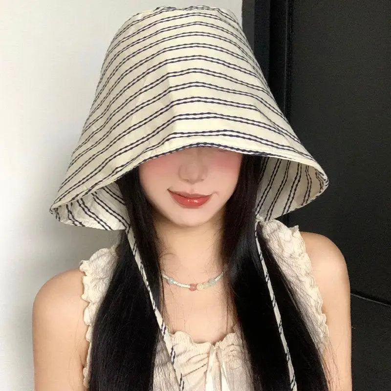 Women's Foldable Wide-Brim Striped Bucket Sun Hat | Panama Bucket Sun Hat QXL