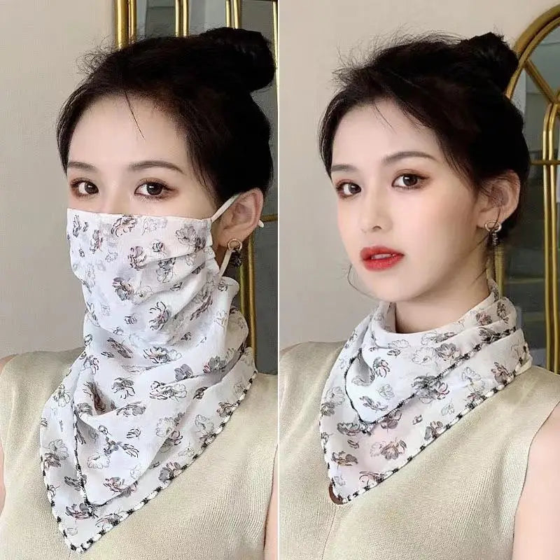 Women's Floral Chiffon Sun Scarf Face Mask | Ice Silk Bandana Sun Protection Scarf QXL