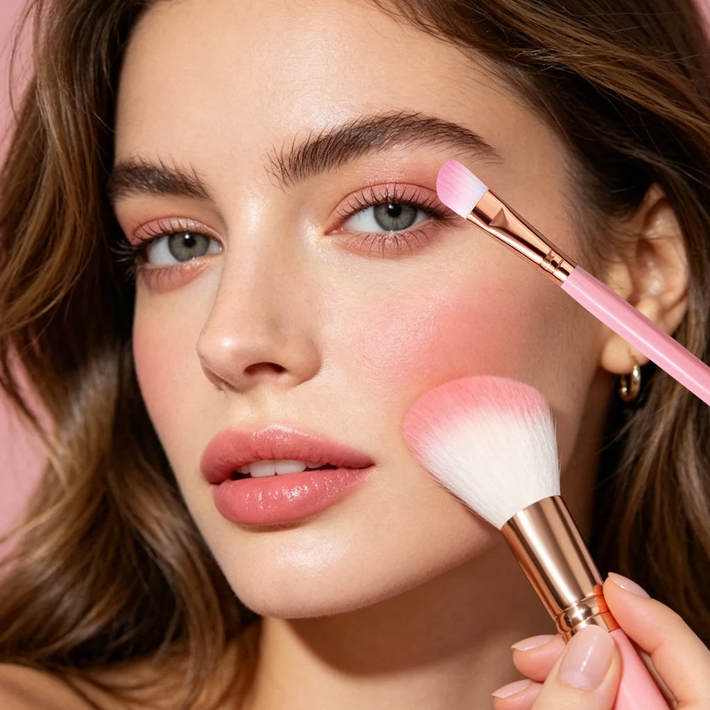 KOSSHOW 2-Pc Blush & Eyeshadow Brush Set | Pink Wood Handle Makeup Brush Set QXL