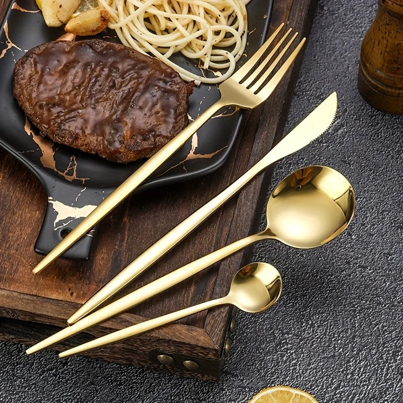 Golden 316L Stainless Steel Cutlery Set – Knife Fork Spoon Flatware Cutlery Set QXL