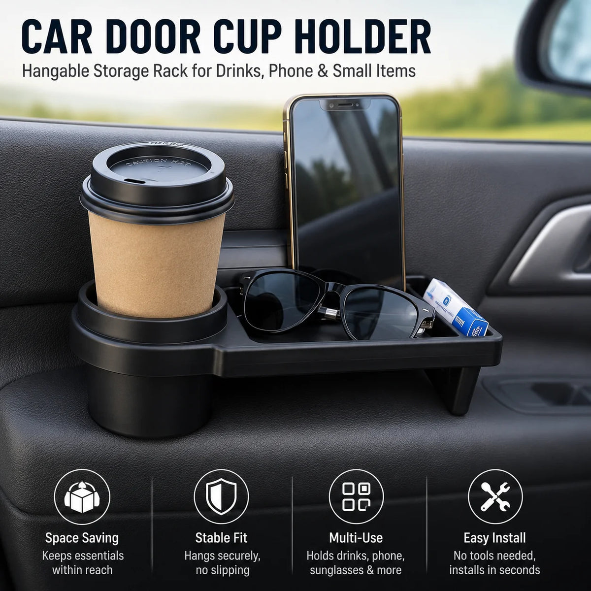 Car Door Cup Holder Organizer Rack – No-Drill Storage Car Door Organizer QXL