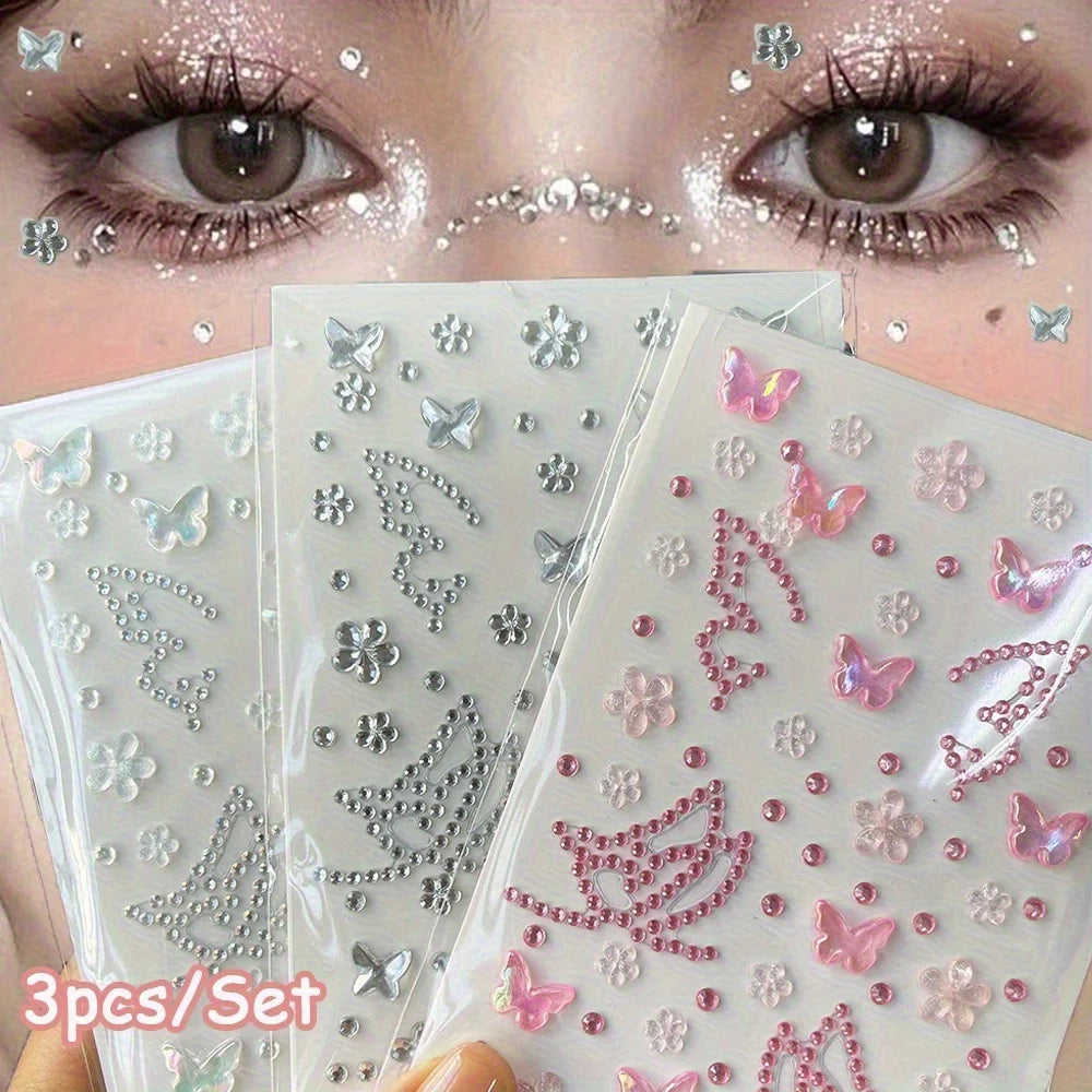 3-Pack Rhinestone Butterfly & Flower Face Gem Stickers Face Gem Stickers QXL