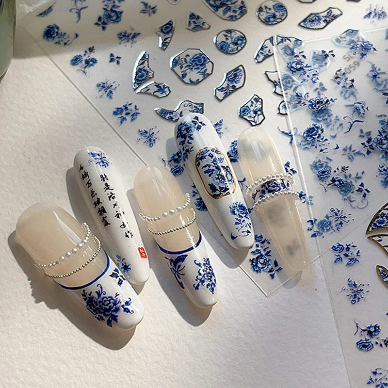 3D Blue White Porcelain Nail Art Stickers | DIY Decals Nail Art Stickers QXL