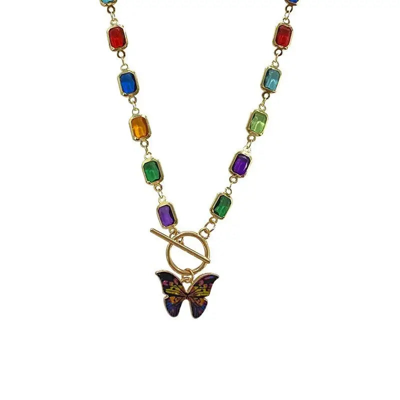 Retro Butterfly Rainbow Crystal Choker Necklace | Boho Pendant Crystal Pendant Necklace QXL