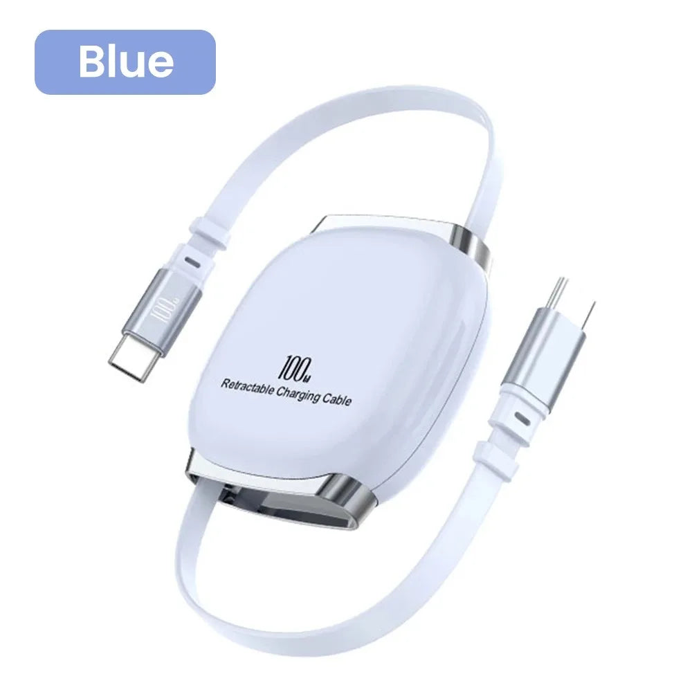 100W USB-C Retractable Fast Charging Cable 1M | iPhone & Samsung USB-C Charging Cable QXL Blue