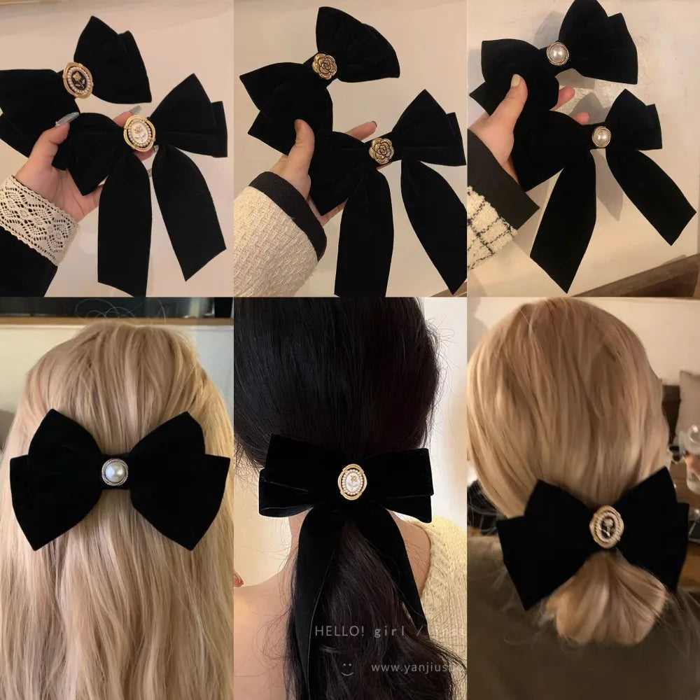 Black Velvet Bow Hair Clip | Retro Duckbill Camellia Hairpin Hair Clip QXL