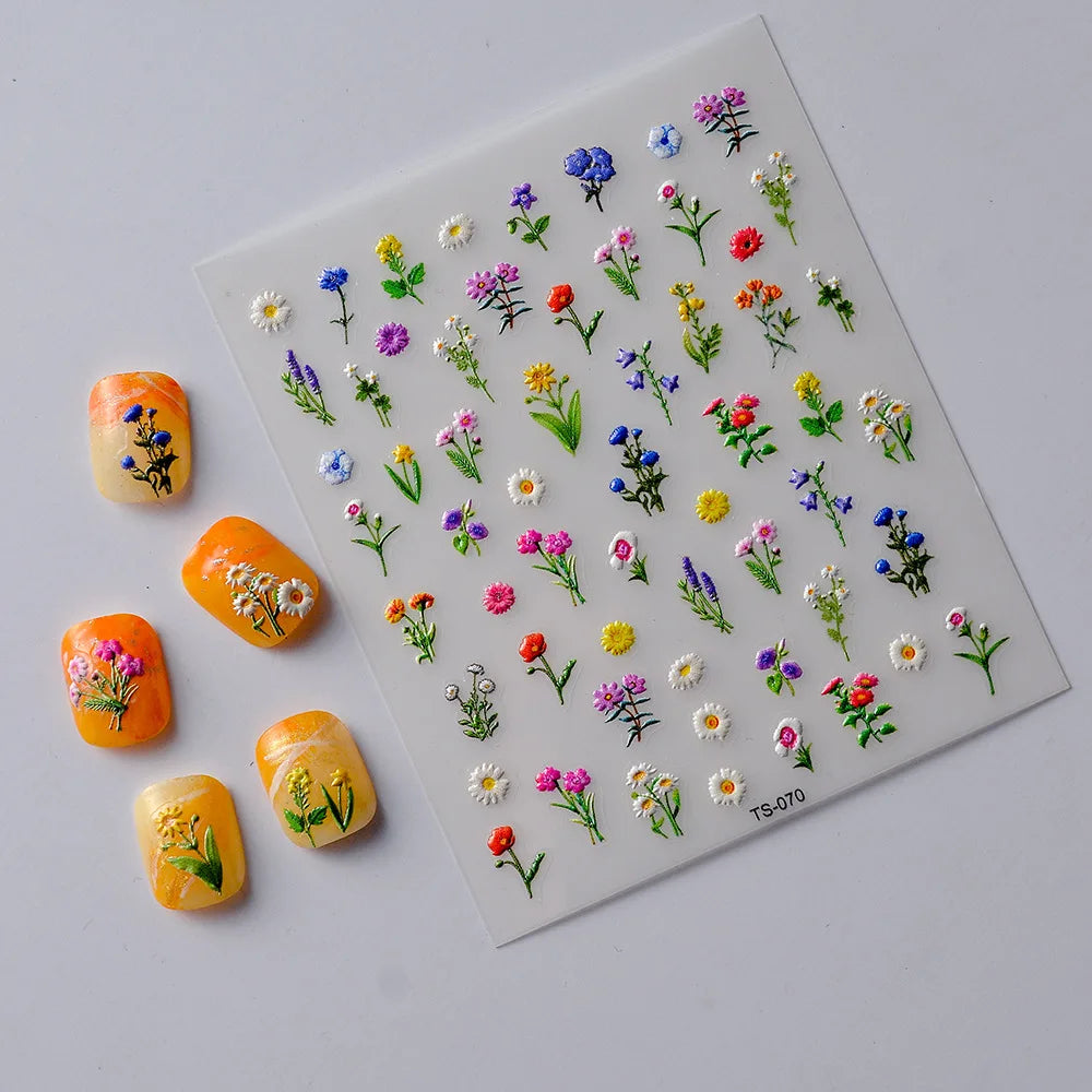 5D Embossed Flower Nail Art Stickers | Spring Daisy Decals Nail Art Stickers QXL