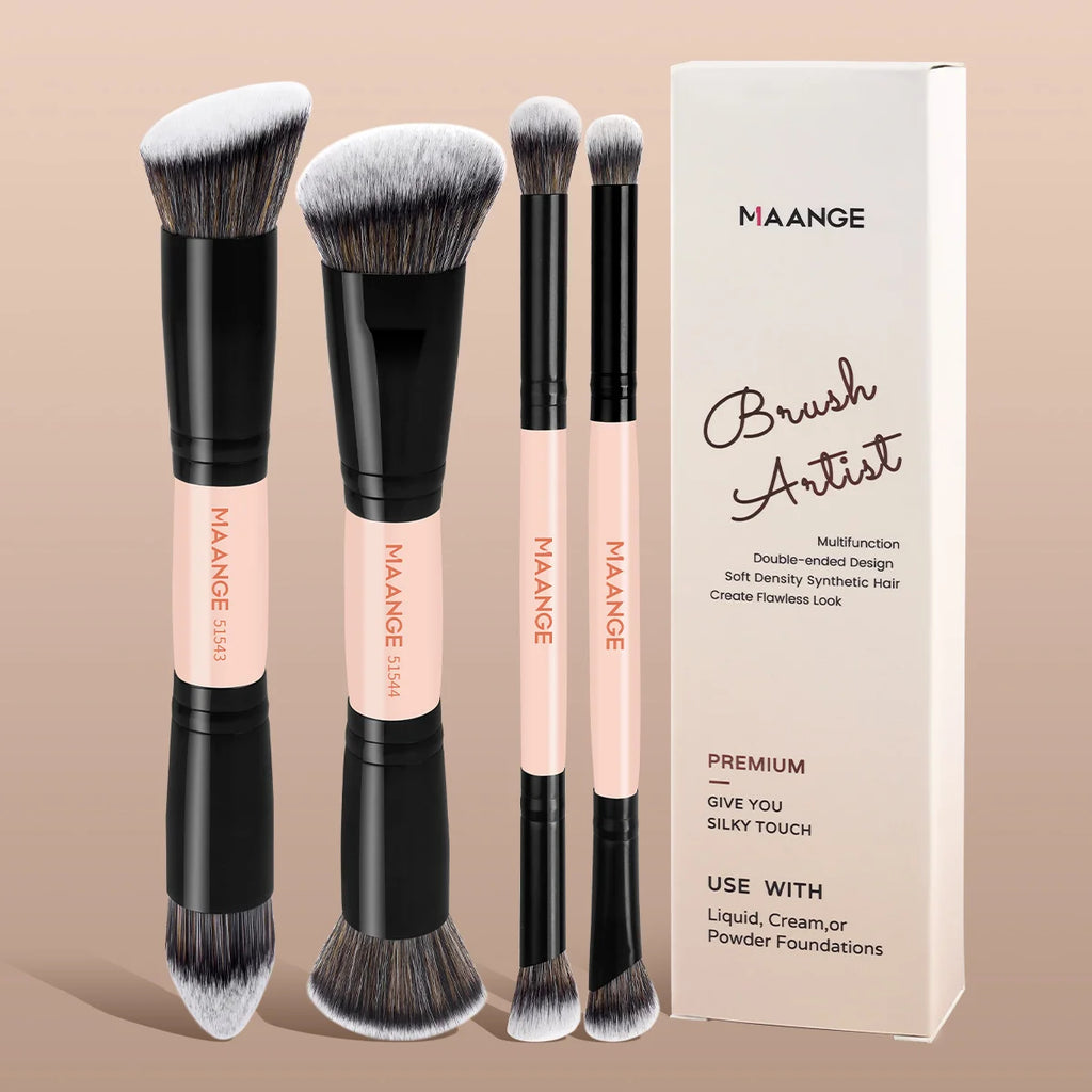 MAANGE 4-Piece Double-Ended Makeup Brush Set | Travel Kit Makeup Brush Set QXL Black Pink