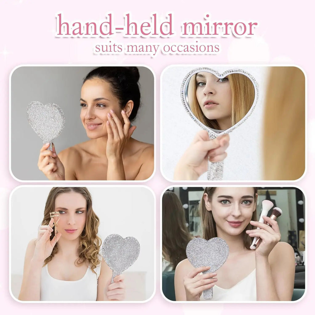 Heart-Shaped Diamond Handheld Makeup Mirror for Women & Girls Handheld Makeup Mirror QXL