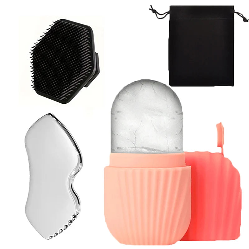 4-Piece Facial Beauty Set | Ice Roller, Gua Sha & Face Brush Facial Skincare Tool Set QXL Pink