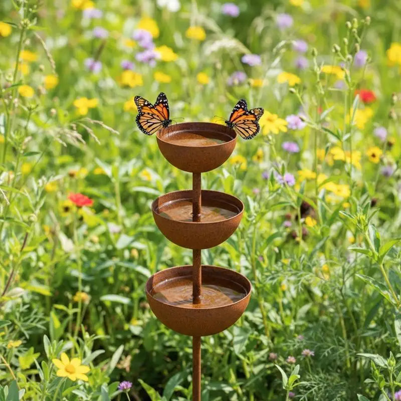3-Tier Metal Rain Catcher Garden Stake | Bird Bath Ornament Garden Stake Ornament QXL