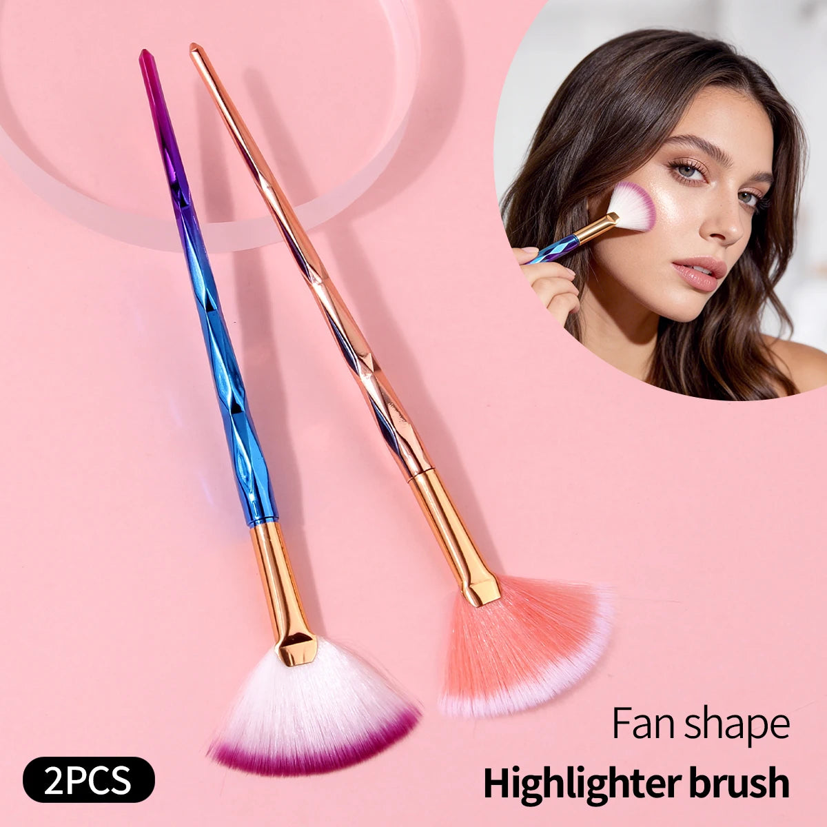 KOSSHOW Fan Highlighter Brush Set | Diamond Handle 2-Piece Highlighter Brush Set QXL