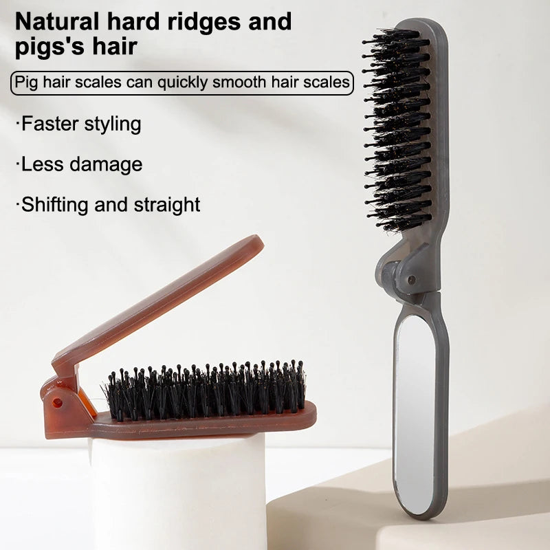 Foldable Boar Bristle Travel Hair Brush with Mirror | Pocket Travel Hair Brush QXL