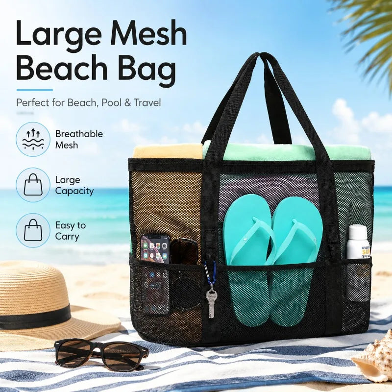Large Mesh Beach Bag Tote – 8 Pockets, Quick-Dry Pool Organizer Mesh Beach Tote QXL