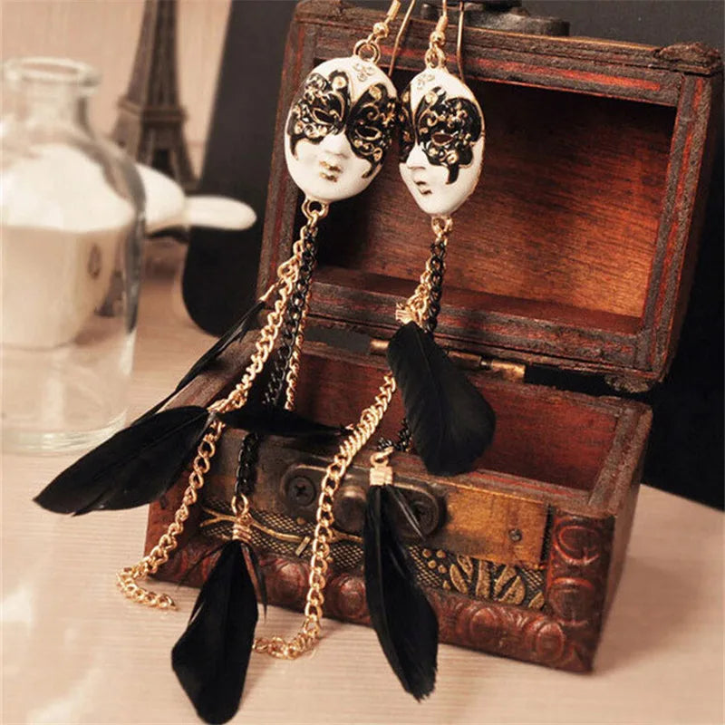 Baroque Feather Tassel Mask Long Drop Earrings – Gold Drop Earrings QXL