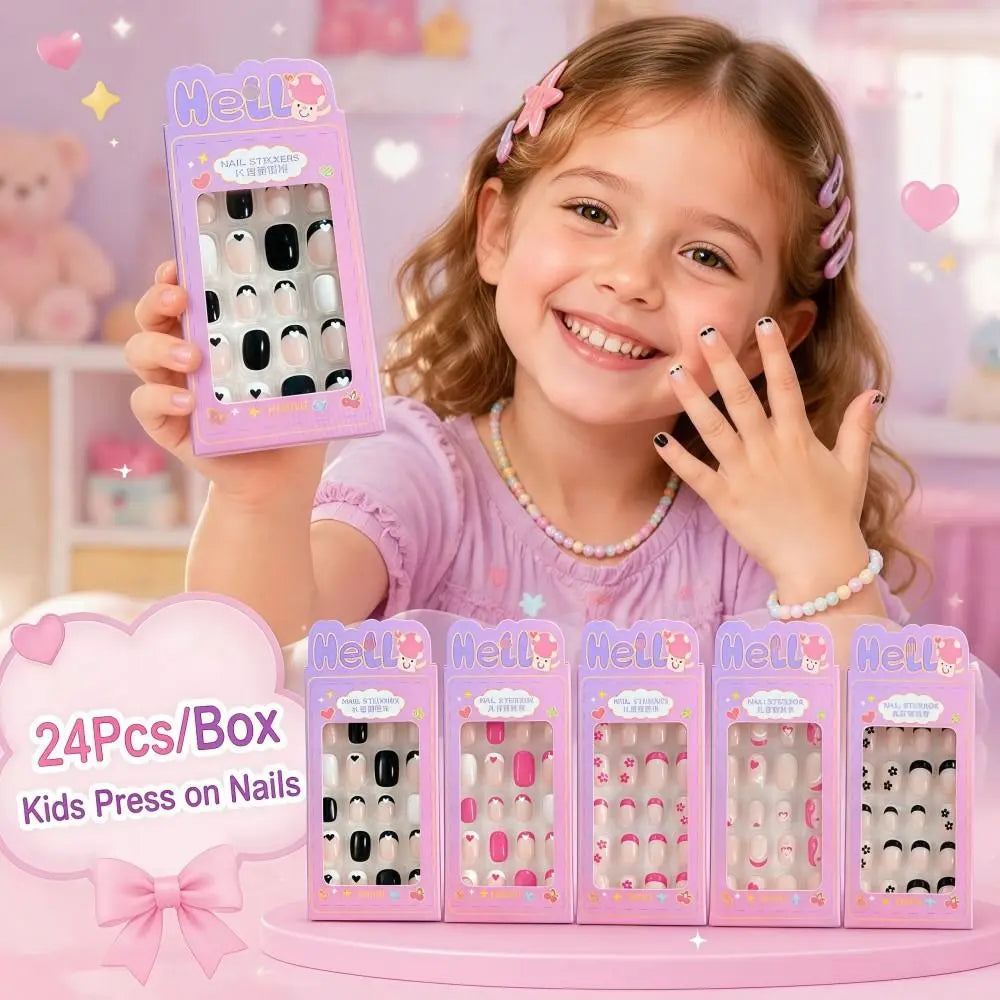 24-Pack Kids Press On Nails – Black Flower French Almond Tips Press-On Nail Set QXL