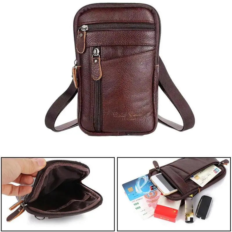 Men's Leather Crossbody Phone Bag | Multi-Pocket Waist Pack Crossbody Phone Bag QXL