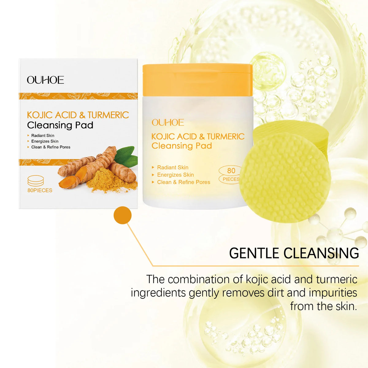 OUHOE Turmeric & Kojic Acid Exfoliating Facial Cleansing Pads 80pk Exfoliating Cleansing Pads QXL