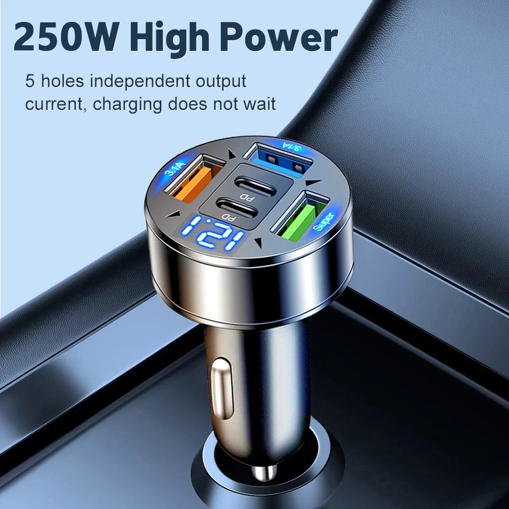 250W 5-Port Car Charger PD QC3.0 USB-C & LED Display Car Charger Adapter QXL