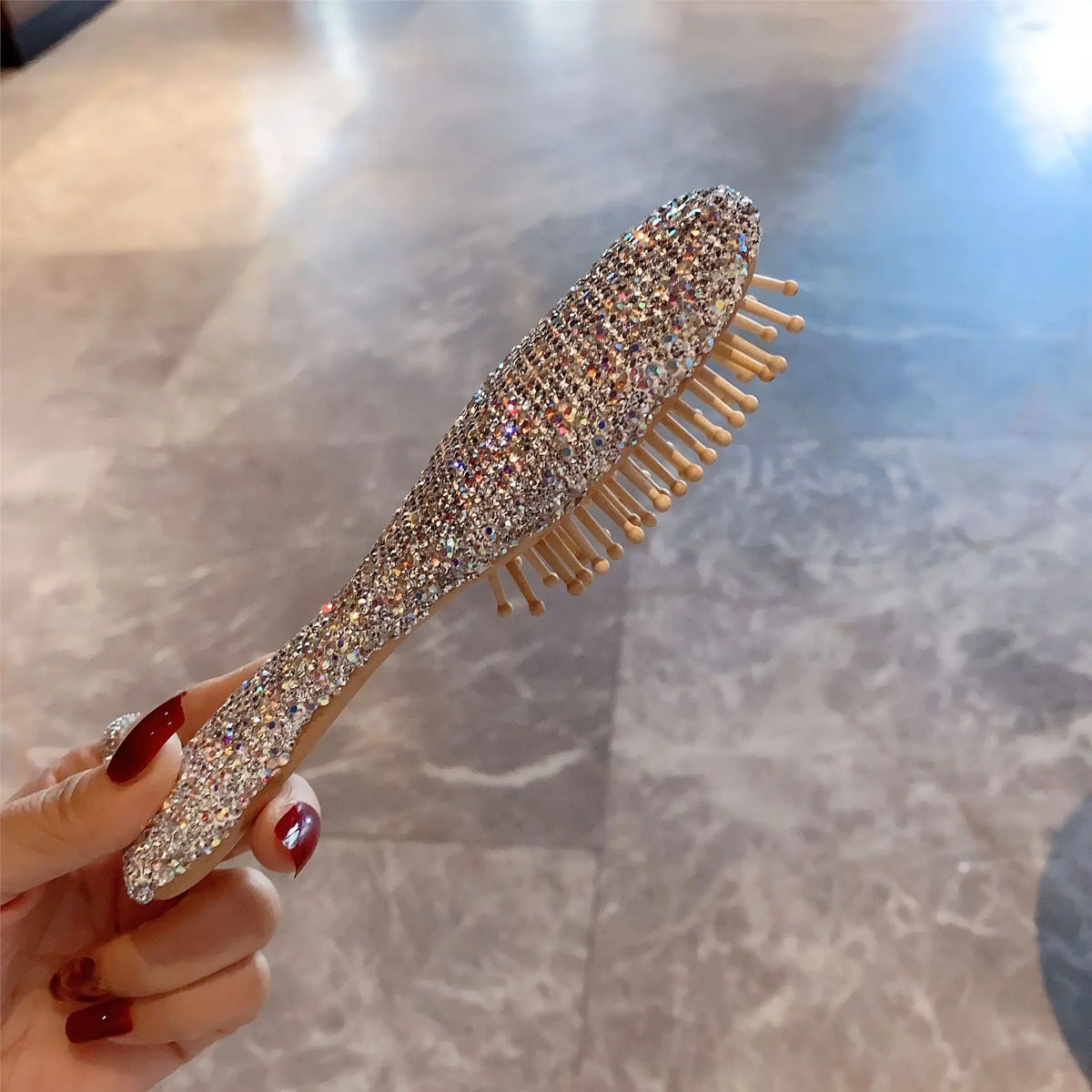 Crystal Diamond Wooden Hair Comb | Luxury Compact Massage Hair Massage Comb QXL
