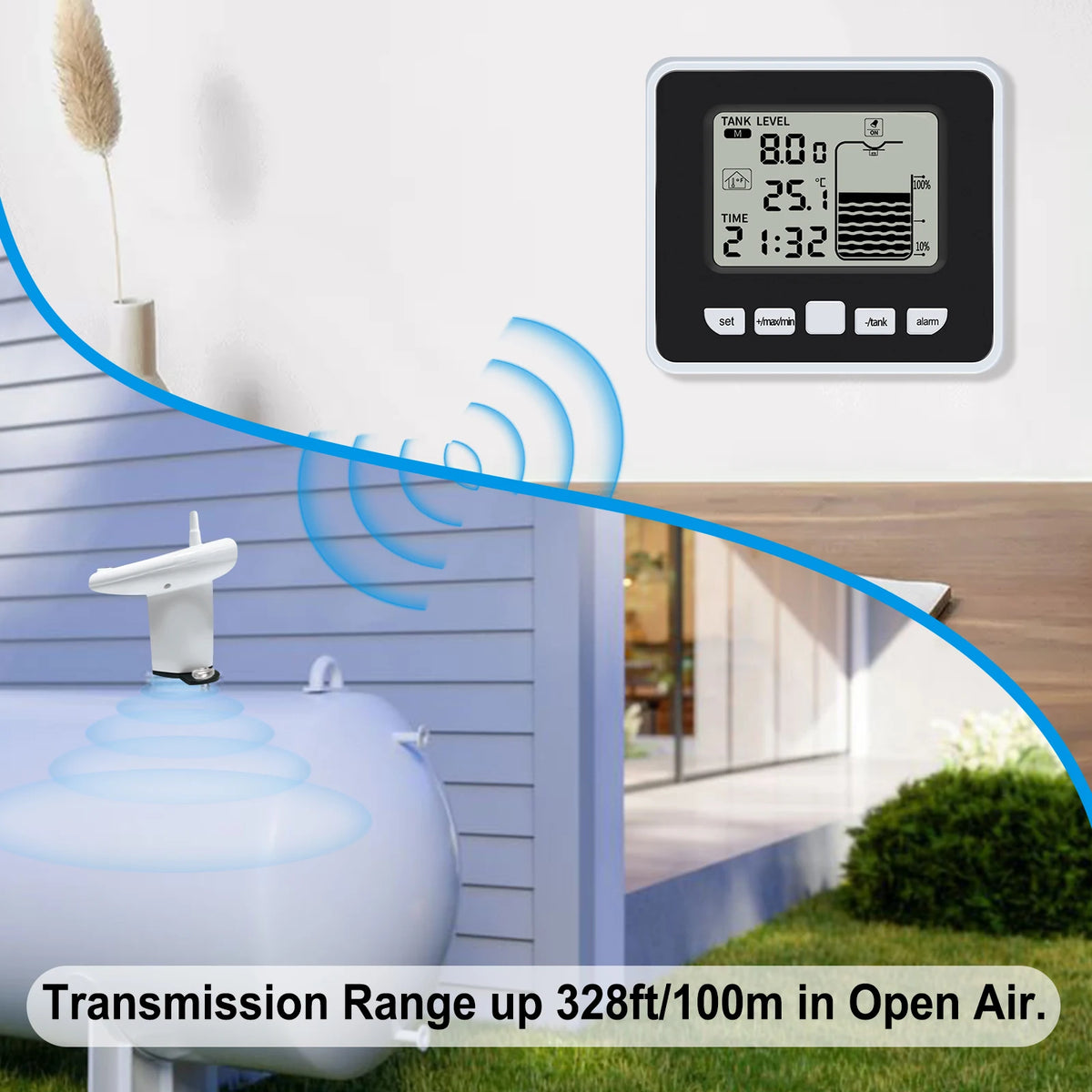 Ultrasonic Wireless Water Tank Level Gauge | LCD Temp Alarm Liquid Level Gauge QXL