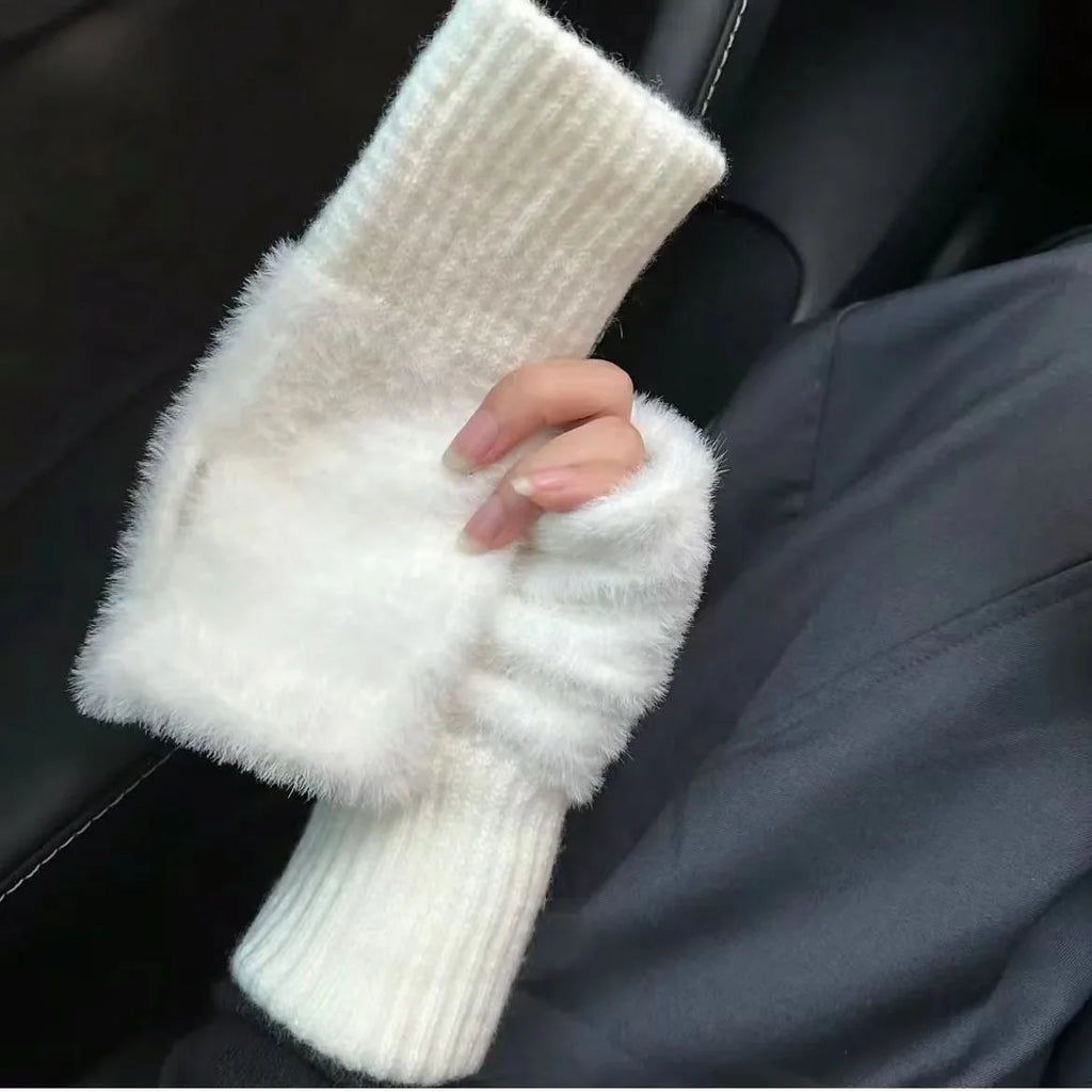 Women's Fleece Half Finger Gloves | Warm Knit Wrist Mittens Fingerless Winter Gloves QXL