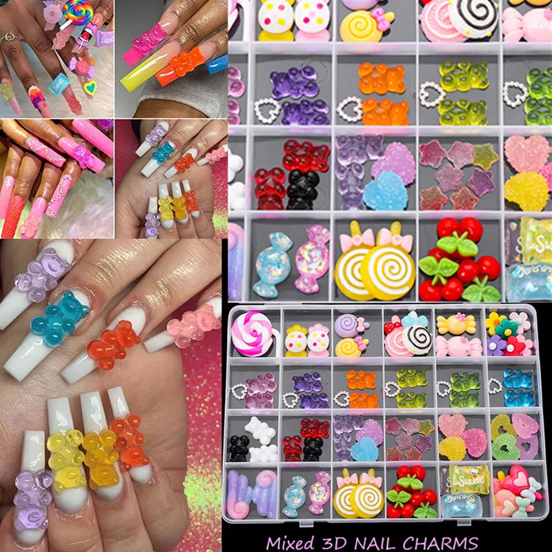 20-Pc Kawaii 3D Resin Nail Charms – Bear, Candy & Flower Nail Art Charms QXL