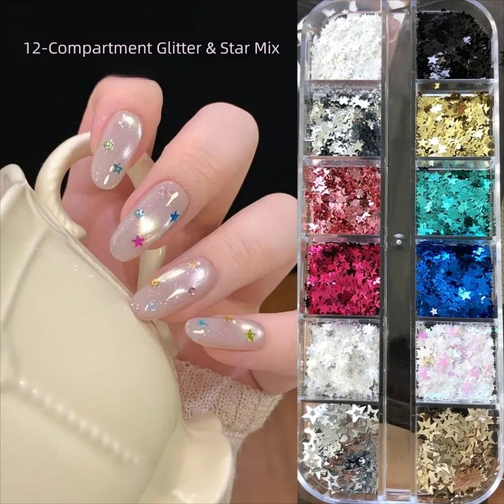 12-Grid Star Nail Art Charms | Sparkling Flakes DIY Decals Nail Art Charms QXL