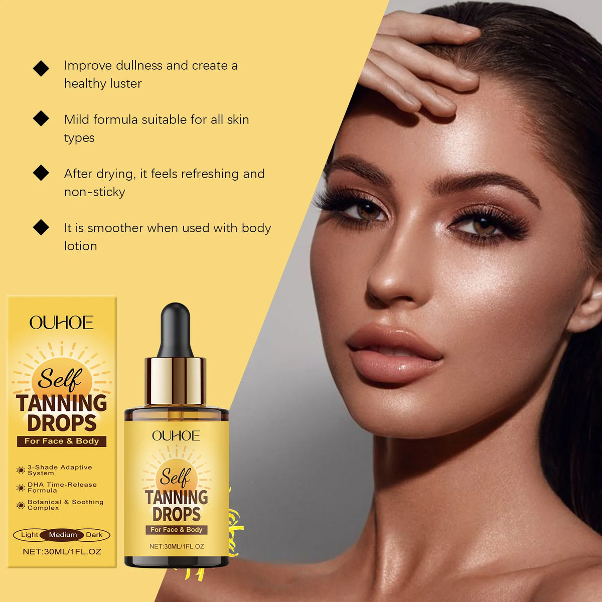 OUHOE Sunless Self Tanner Bronzing Serum | Golden Glow 30ml Self Tanning Serum QXL