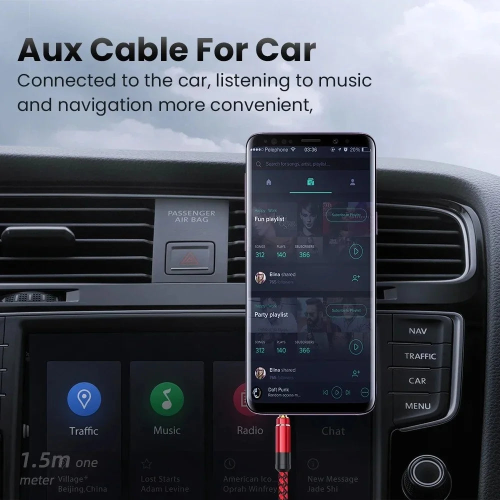 1.5m Braided 3.5mm Male to Male AUX Audio Cable | Car & Phone AUX Audio Cable QXL